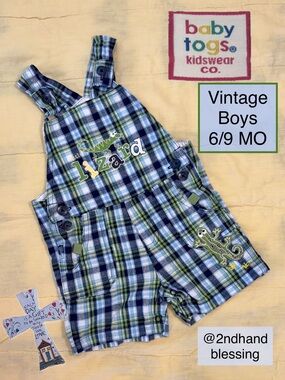 VTG Baby Togs Kidswear Co Plaid Lizard Shortalls Boys 6/9 M Blue Green, RN 95264